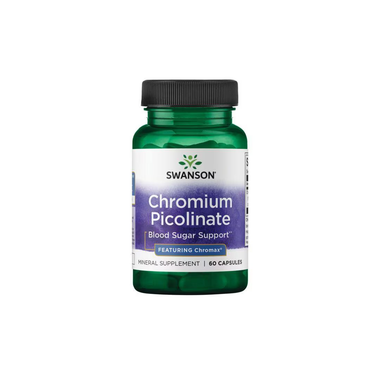 A green bottle of Swanson Chromium Picolinate Featuring Chromax 200 mcg, labeled for blood sugar support, contains 60 capsules.